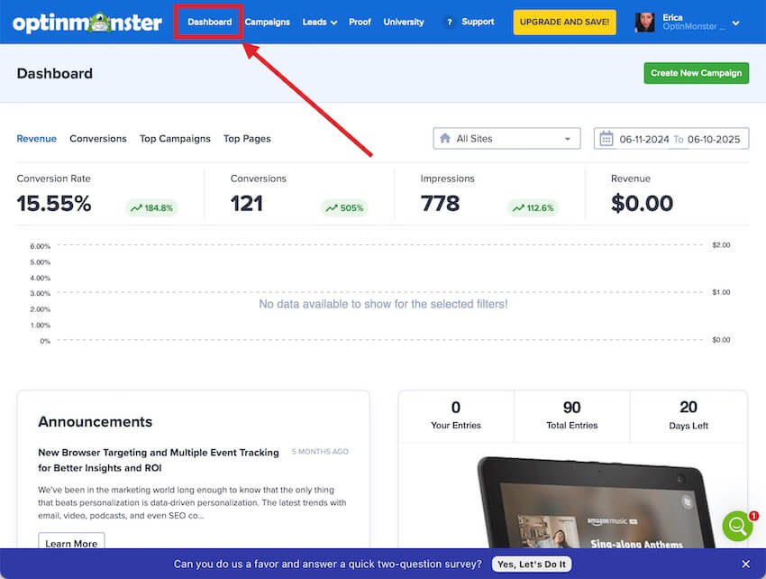 account-dashboard - OptinMonster Navigate to the Account Dashboard in OptinMonster to view overall campaign performance data.