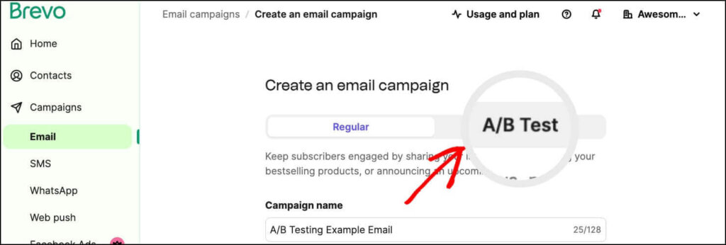 brevo-ab-testing-1 - OptinMonster Brevo's "Create an email campaign" page in their dashboard. It shows tabes for creating a "Regular" or "A/B Test" email campaign.