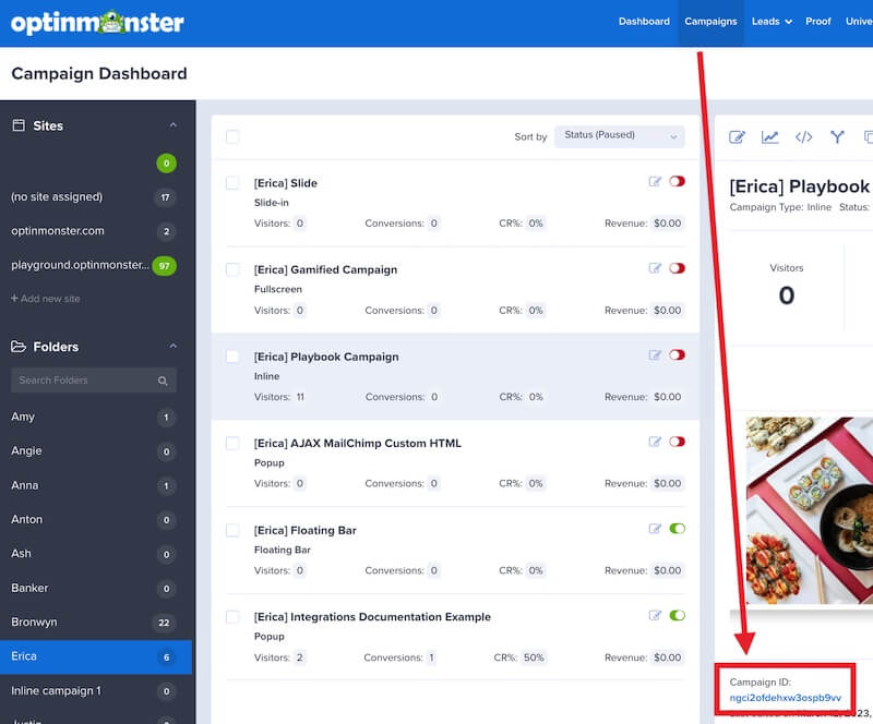Find the campaign ID from the Campaigns screen of your OptinMonster account. - OptinMonster Find the campaign ID from the Campaigns screen of your OptinMonster account.