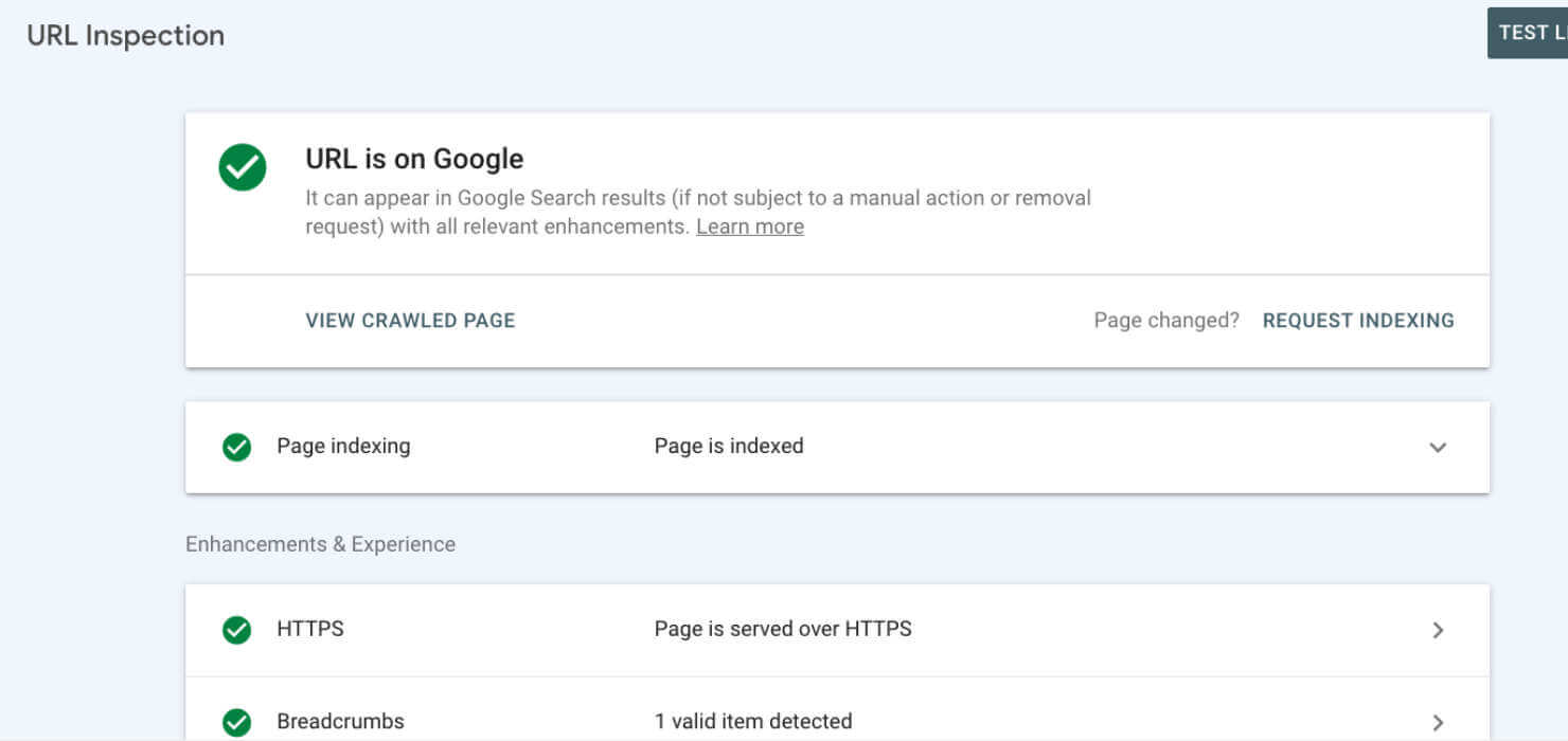 Blog Image Template with Border - OptinMonster GSC URL Inspection. It shows green checkmarks beside: 1. URL is on Google 2. Page indexing- Page is indexed 3. HTTP Page is served over HTTPS 4. Breadcrumbs - 1 valid item detected