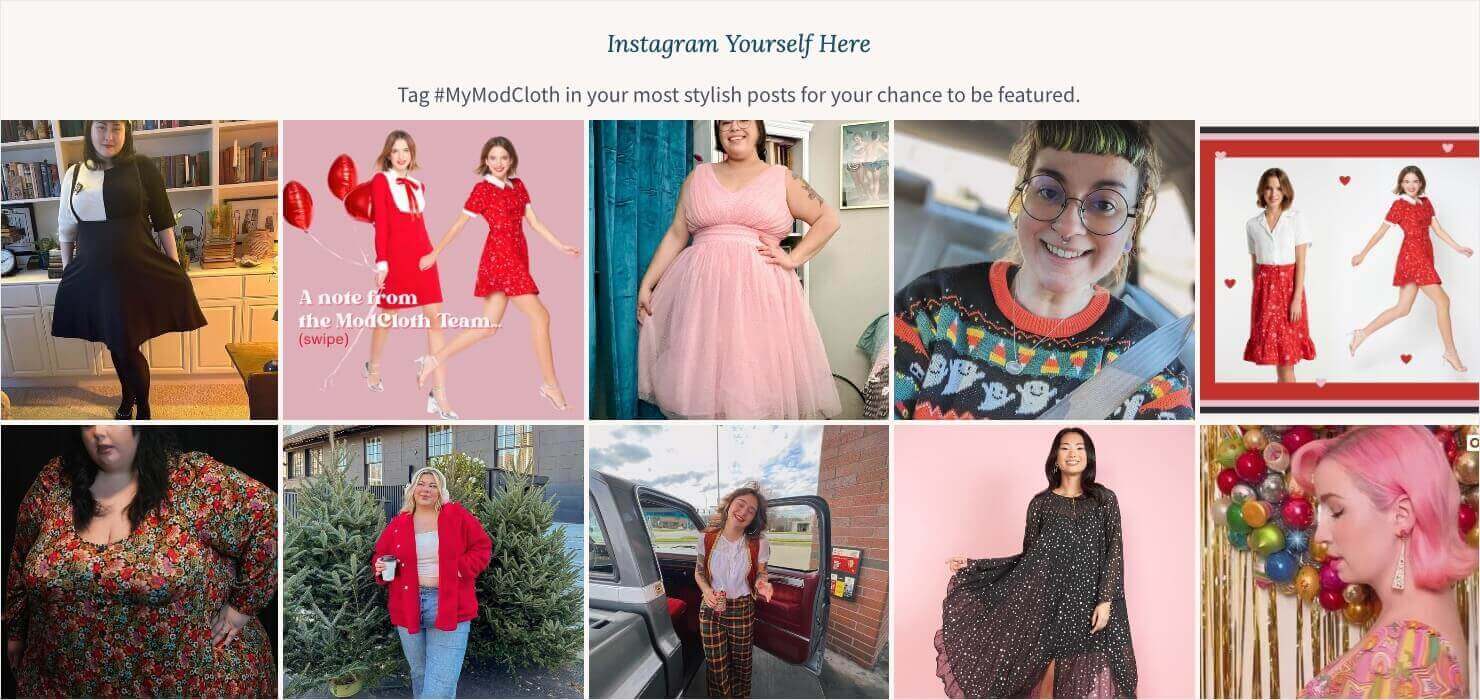 modcloth-social-proof-customer-photos - OptinMonster Screenshot of ModCloth's website. It says "Instagram Yourself Here. Tag #MyModCloth in your most stylish posts for your chance to be featured." Then there's a gallery of customer Instagram photos