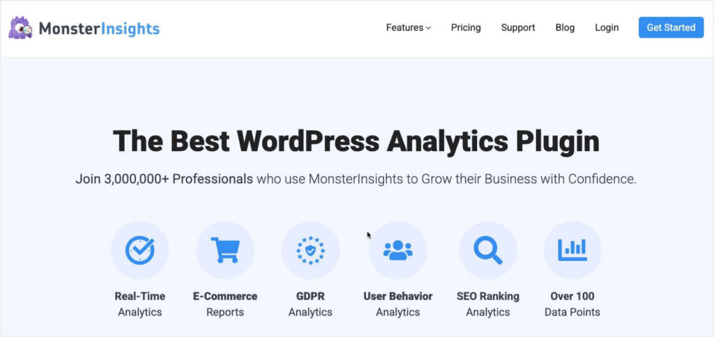 monsterinsights-homepage - OptinMonster MonsterInsights Homepage. Heading says "The Best WordPress Analytics Plugin." Subheading is "Join 3,000,000+ Professionals who use MonsterInsights to Grow their Business with Confidence" Icons show Real-Time Analytics, E-Commerce Reports, GDPR Analytics, User Behavior Analytics, SEO Ranking Analytics, and Over 100 Data Points