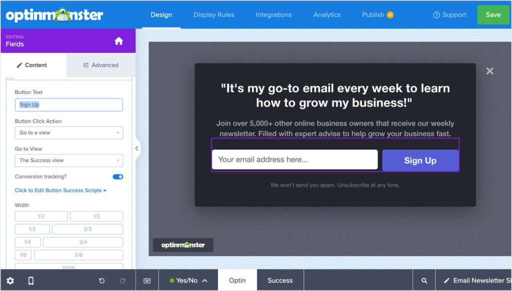 optinmonster-campaign-builder-dashboard - OptinMonster A popup campaign being edited in the CRO tool OptinMonster's drag-and-drop builder.