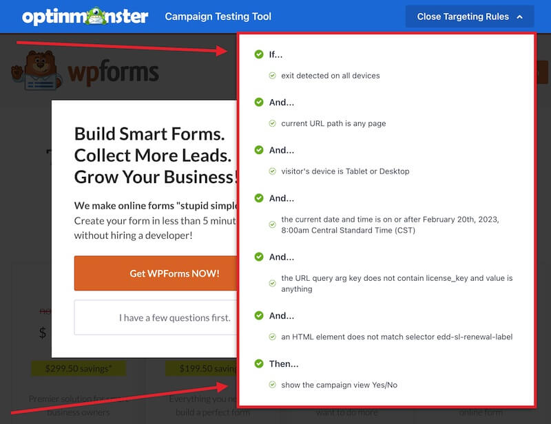 Live site inspector Display Rules Summary. - OptinMonster Live site inspector Display Rules Summary.