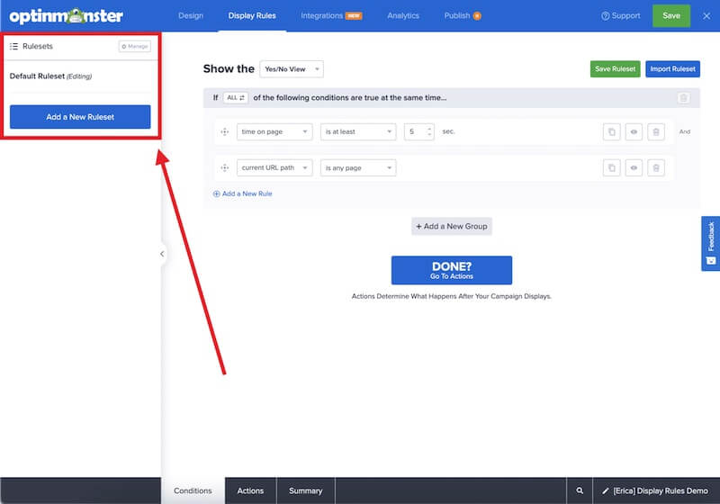 Rulesets in the Display Rules of the OptinMonster campaign builder. - OptinMonster Rulesets in the Display Rules of the OptinMonster campaign builder.