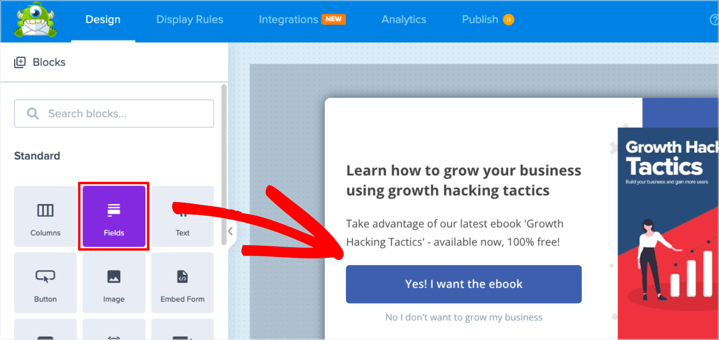 add-fields-to-popup-optinmonster - OptinMonster Screenshot showing you can drag and drop a "Fields" block into any OptinMonster campaign.