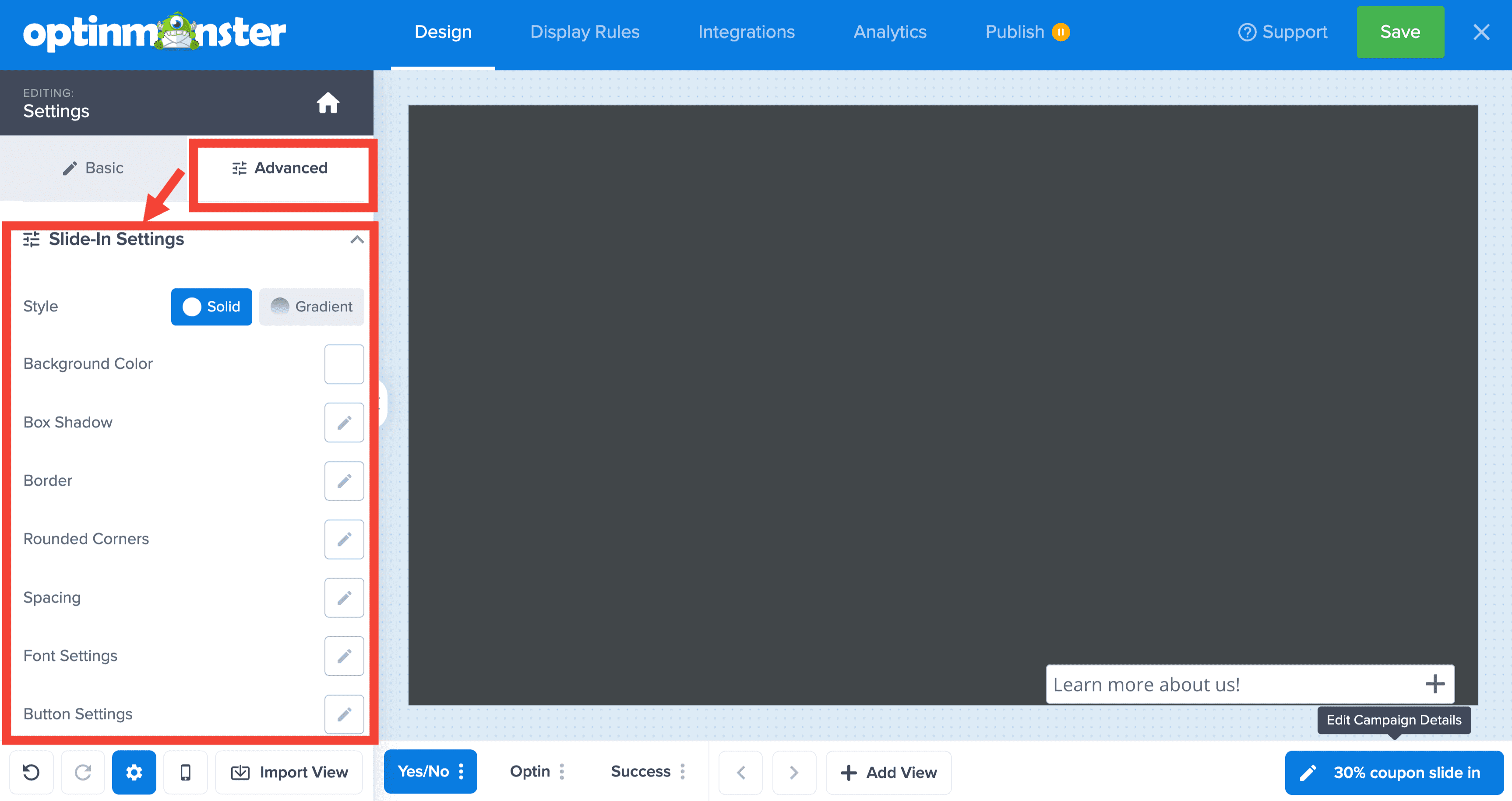 delete column contents canvas - OptinMonster advanced-slide-in-settings
