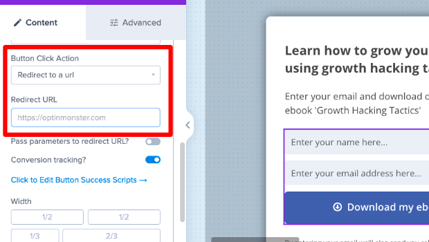 button-click-action-redirect-URL - OptinMonster Screenshot of the Click button action tools in the campaign builder.