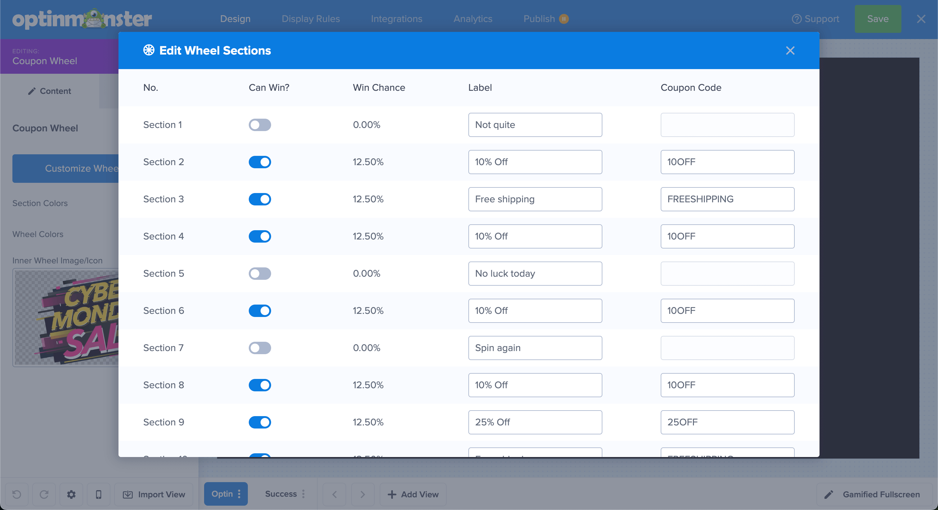 Edit Wheel Sections - OptinMonster