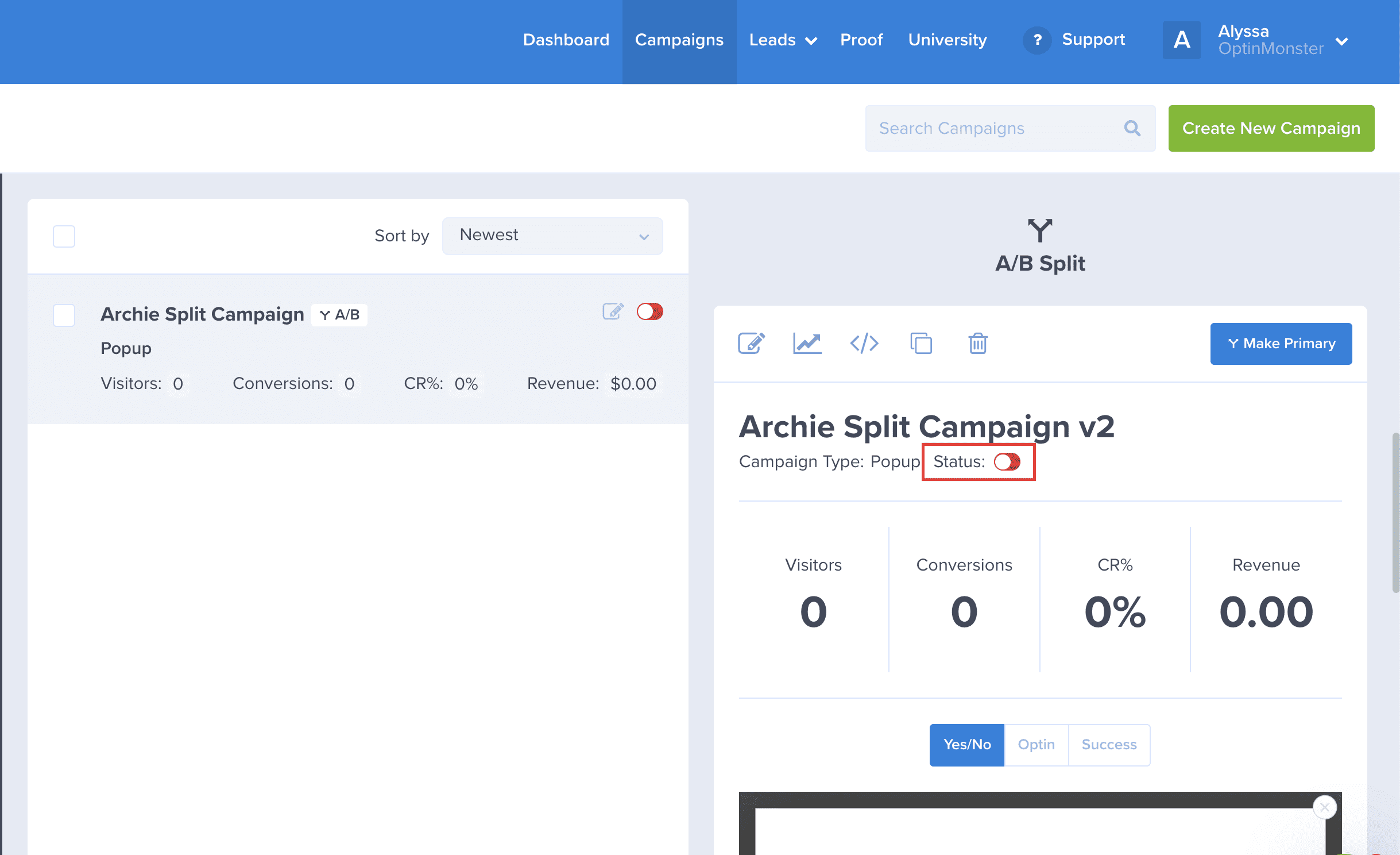 enableCampaign - OptinMonster