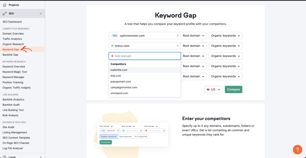 how to choose keywords for seo - Keyword Gap SEMRUSH - OptinMonster how to choose keywords for seo - Keyword Gap SEMRUSH