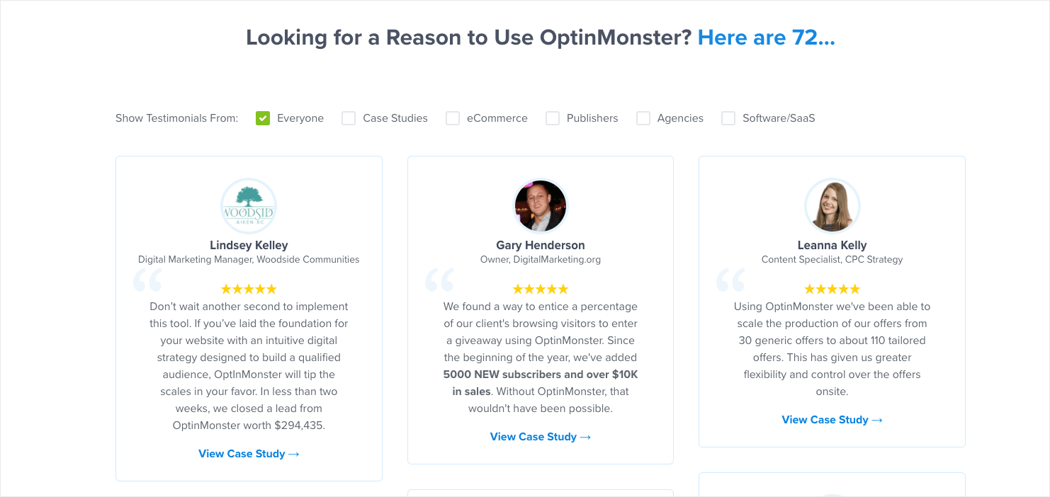 optinmonster-testimonial-page - OptinMonster OptinMonster testimonial page. The testimonials can be filtered by type: Case Studies, eCommerce, Publishers, Agencies, or Software/SaaS