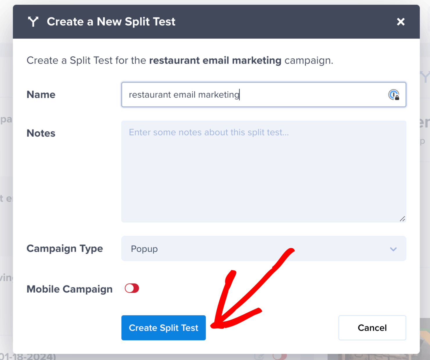 restaurant email marketing_create split test-min - OptinMonster restaurant email marketing