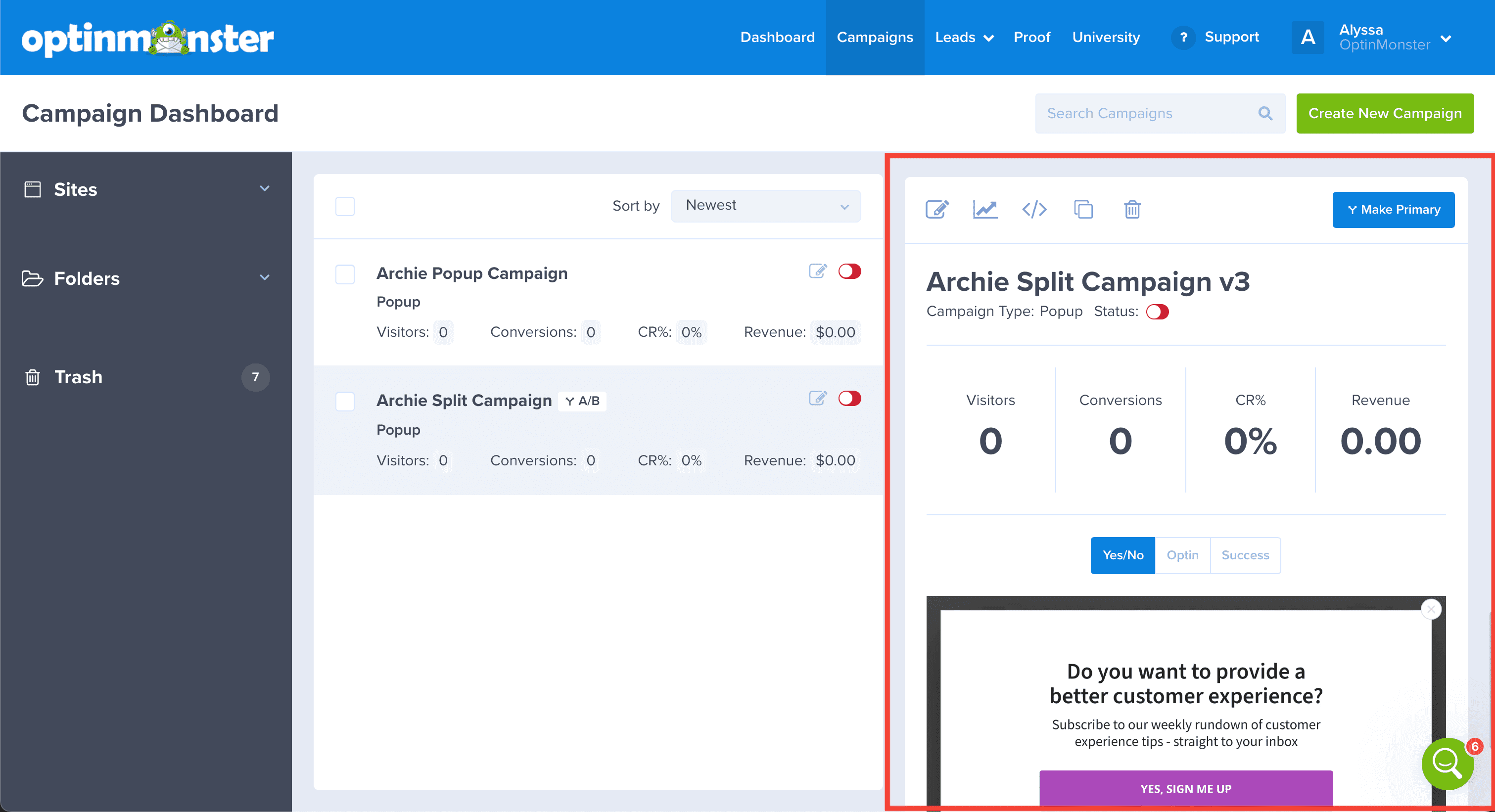 Select New Primary Campaign - OptinMonster