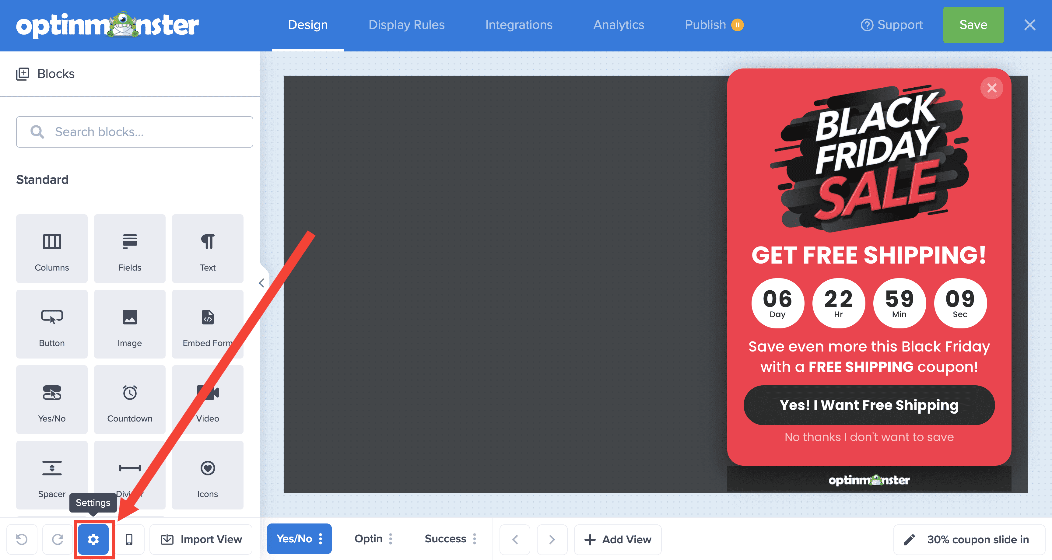 delete column contents canvas - OptinMonster slidein click settings gear