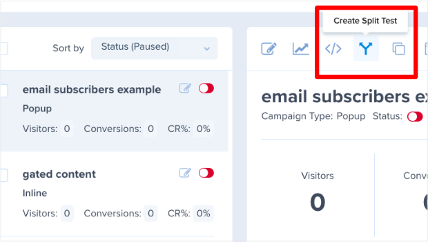 split-test-to-improve-email-signups - OptinMonster Split testing option for OptinMonster Campaigns