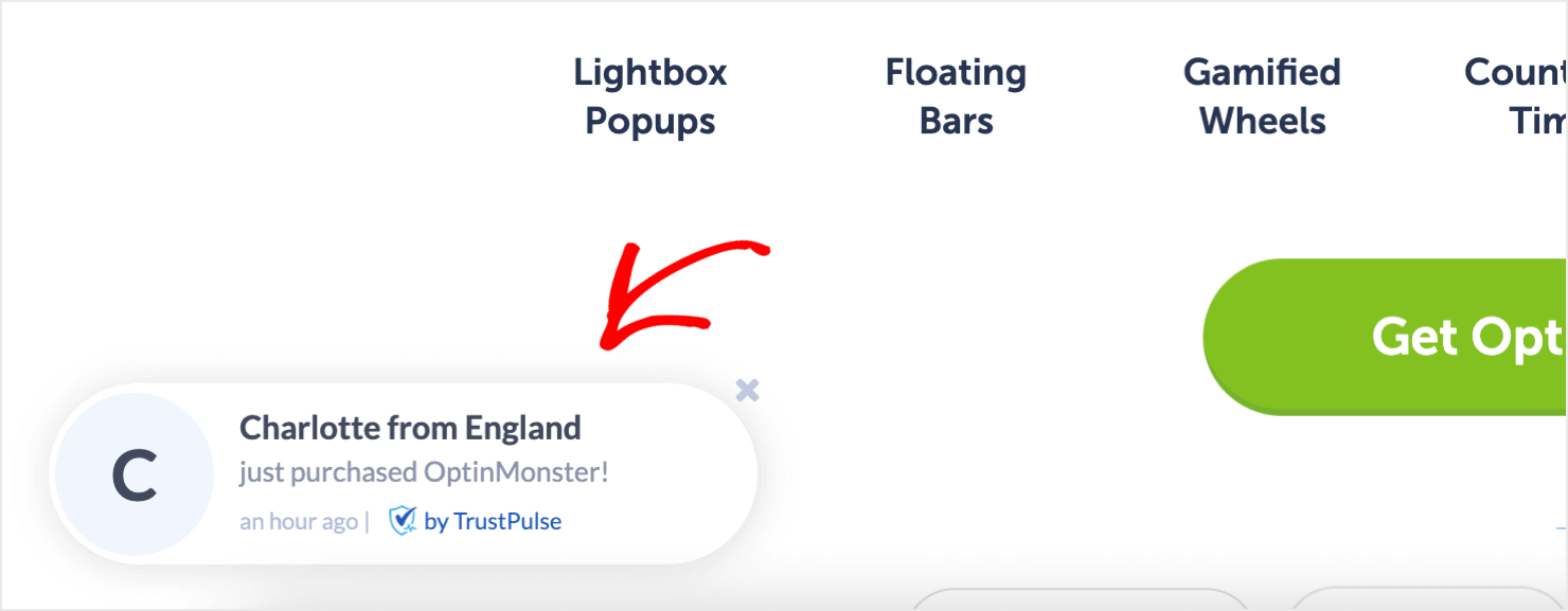 trustpulse-notification-optinmonster-site - OptinMonster TrustPulse notification on OptinMonster's website. It says "Charlotte from England just purchased OptinMonster!" Smaller, gray text says "an hour ago."
